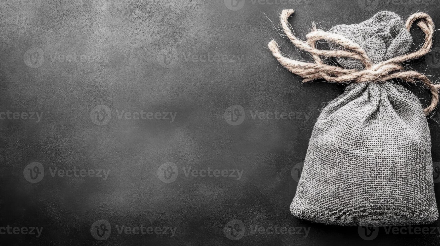 Rustic Burlap Sack Tied with Twin on a Dark Stone Surface photo
