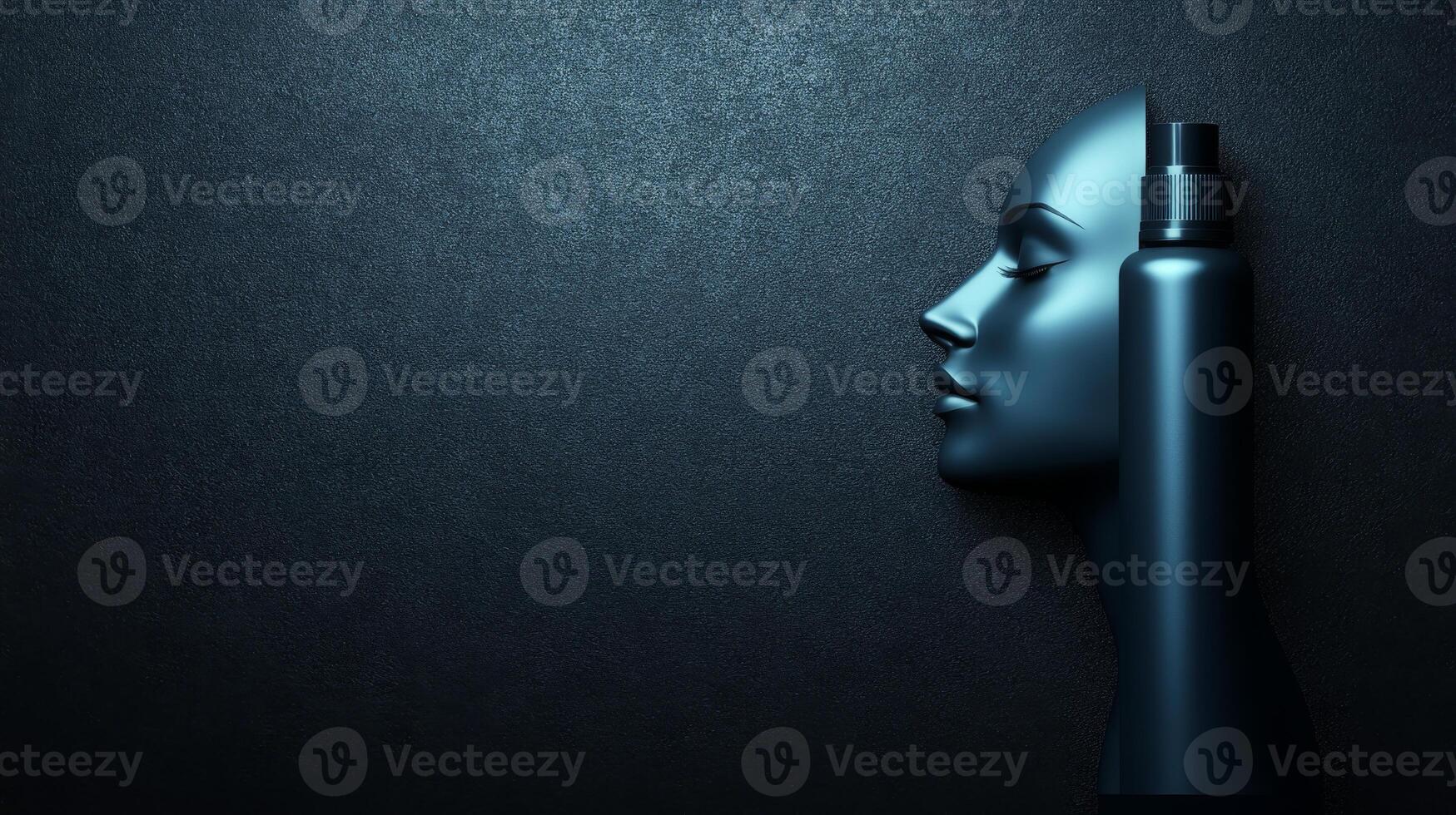 Sleek Spray Bottle Beside a Smooth Blue Mannequin Head Profile photo