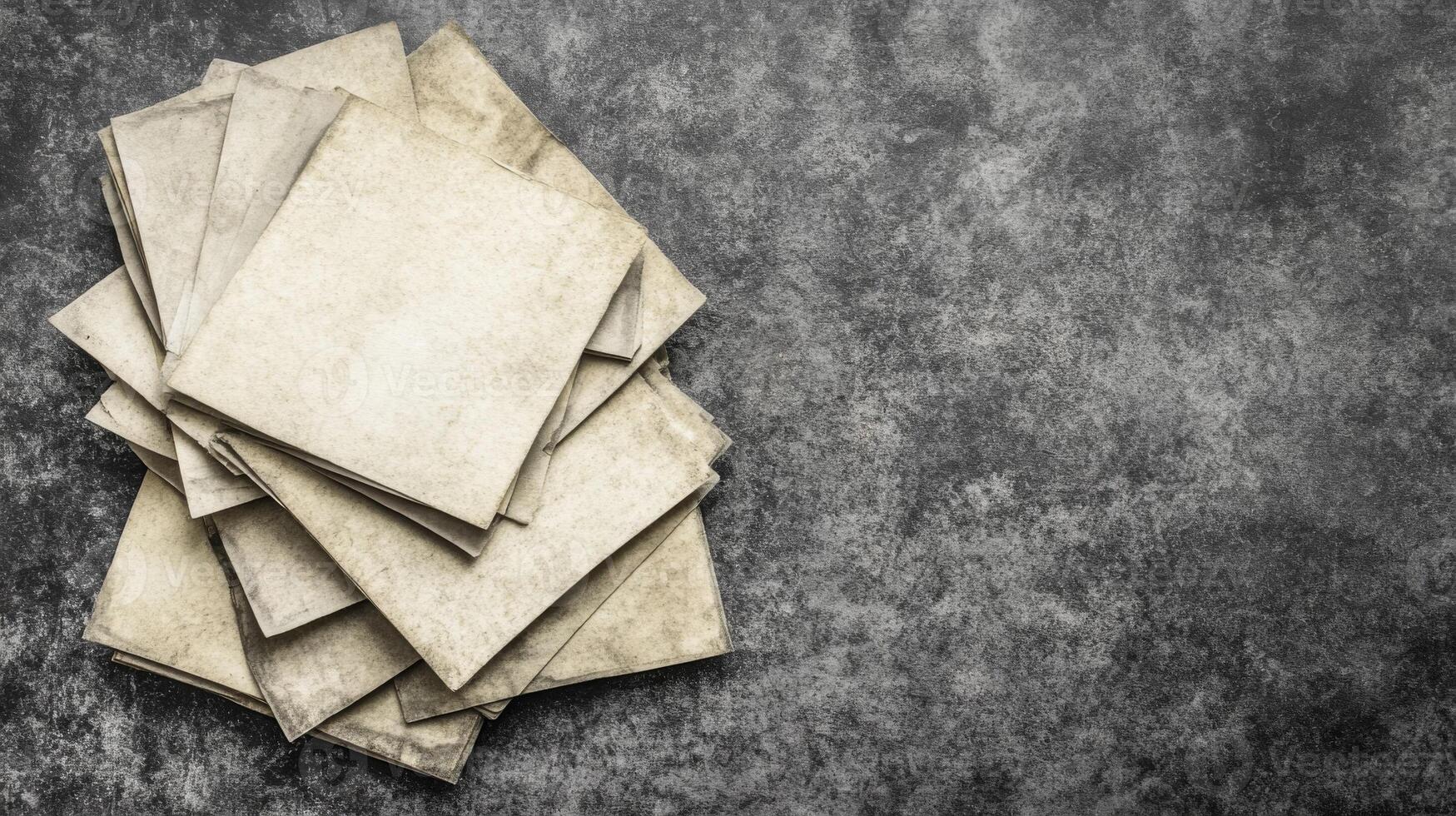 Stack of Aged Paper Sheets on a Dark Gray Textured Surface photo