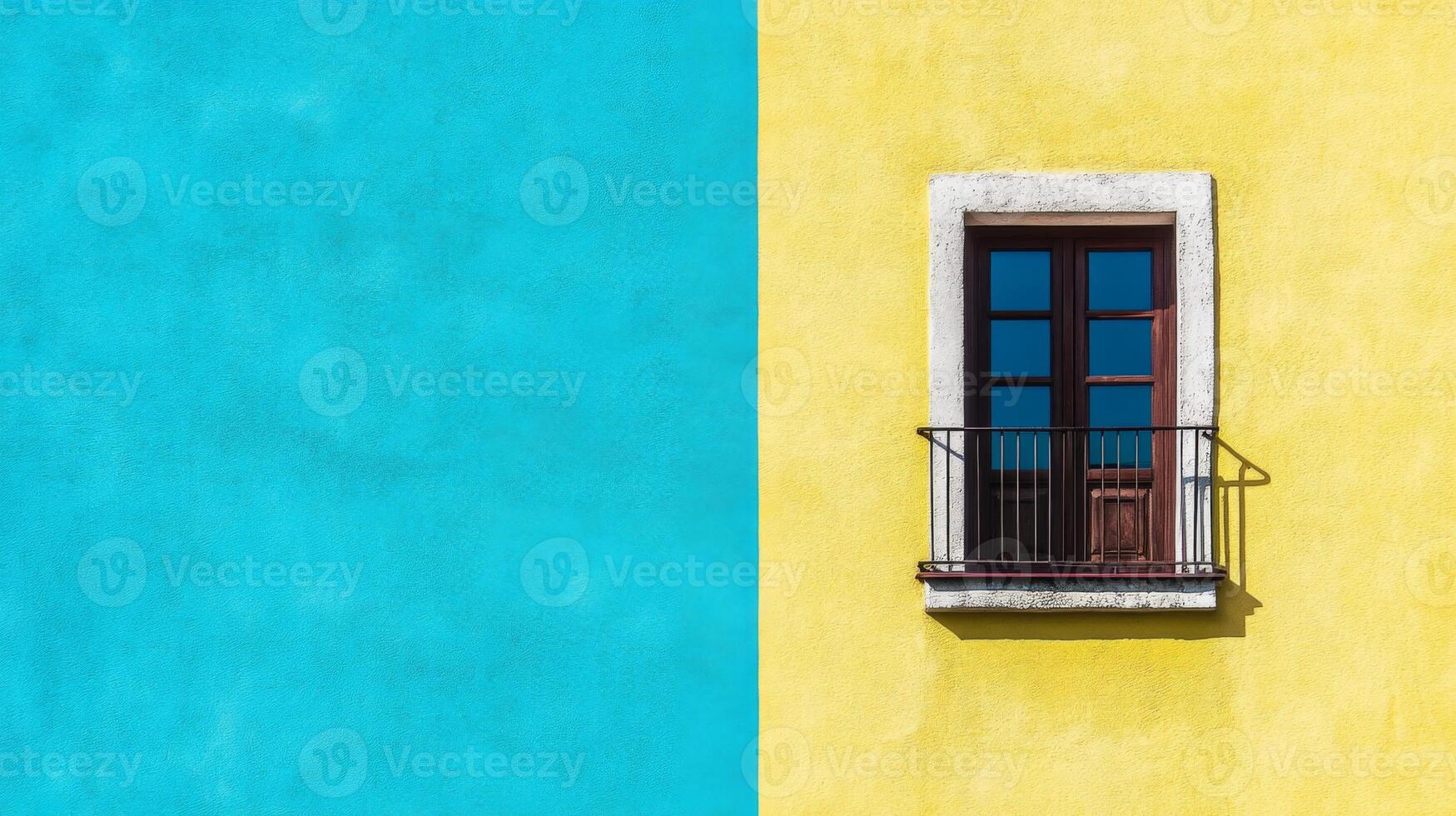 Yellow Wall with Balcony Window Against a Cyan Background photo
