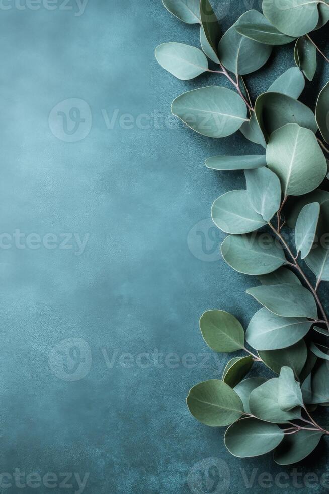 Lush Green Leaves Framing a Soft Teal Background in a Minimalist Style photo