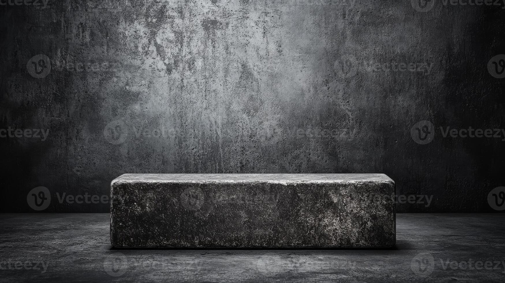 Solitary Rough Stone Block Against a Dark Textured Wall in Minimalist Scene photo