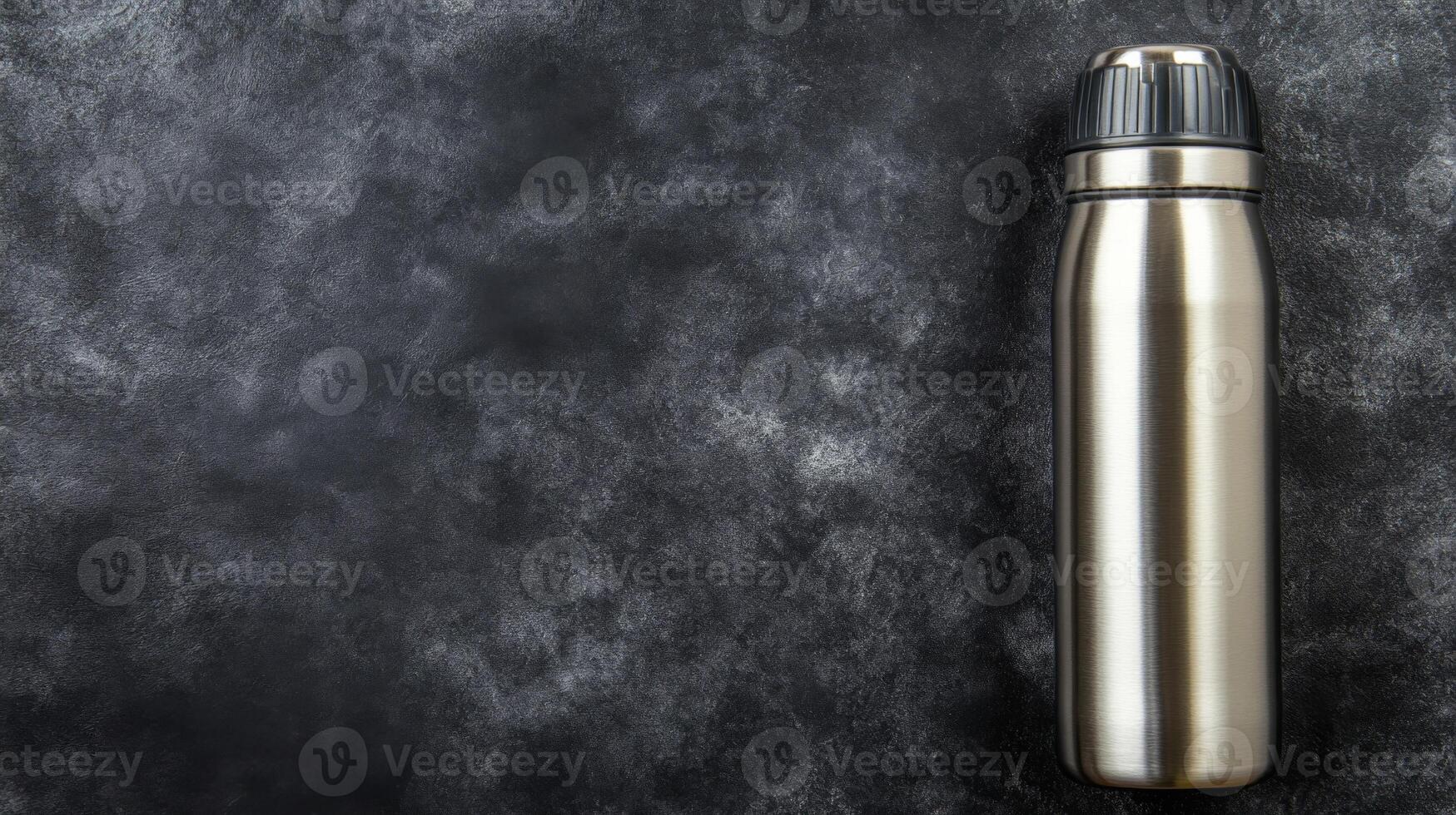 Sleek Silver Water Bottle with a Black Cap on a Dark Textured Surface photo