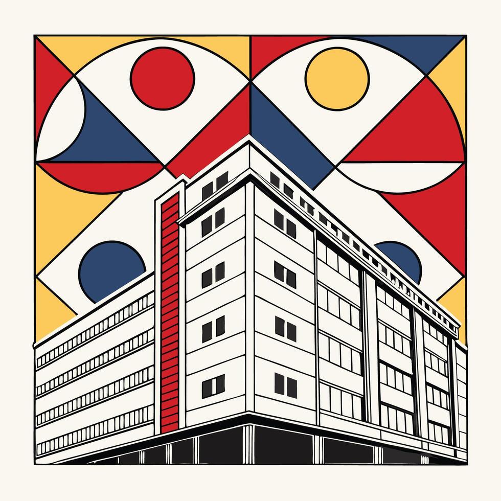 Bauhaus design, Abstract cityscape with neon buildings and red sky vector
