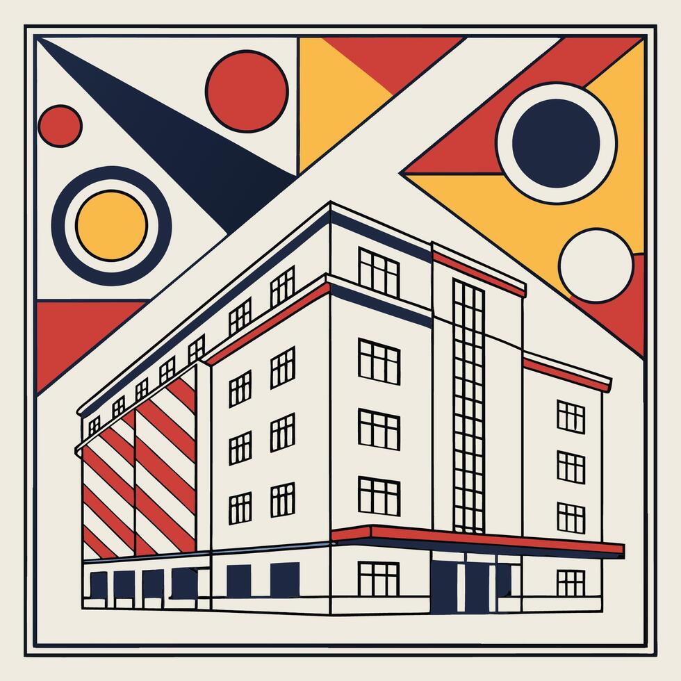 Bauhaus design illustration of city buildings design with business and shop symbols vector