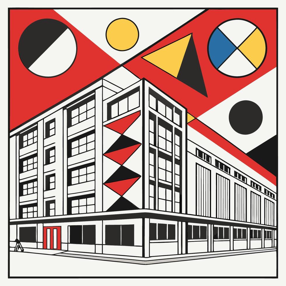 Unique Bauhaus Design, Neon City Building with Office and Hotel in Urban Skyline vector