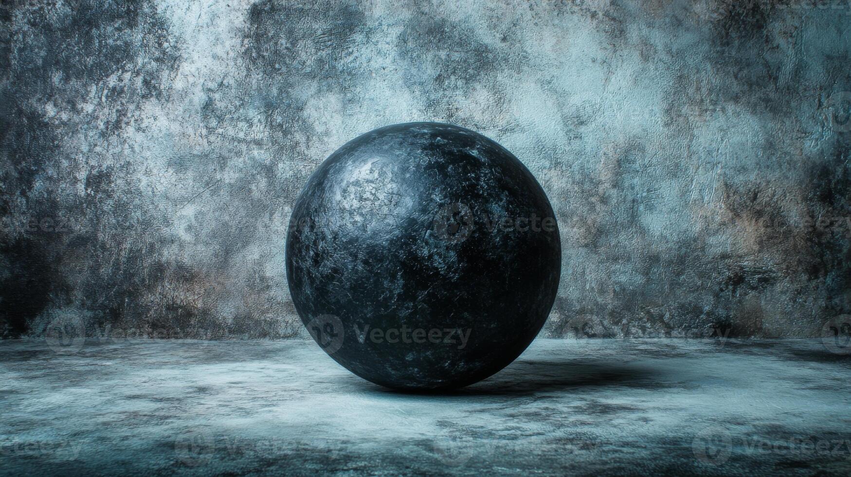 Large Black Sphere on Textured Gray Blue Surface with Mottled Background photo