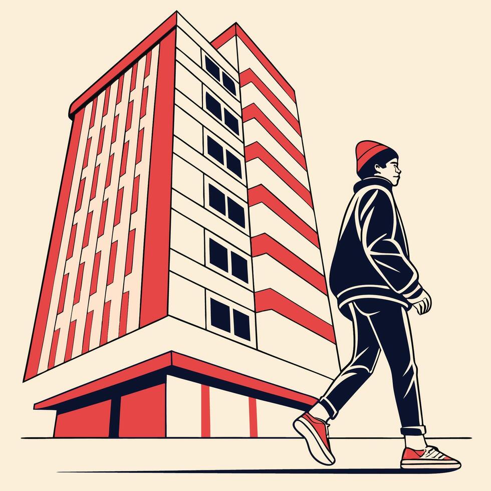 Awesome Bauhaus Design, A illustration of a young man in the city with buildings, flags, and urban architecture vector