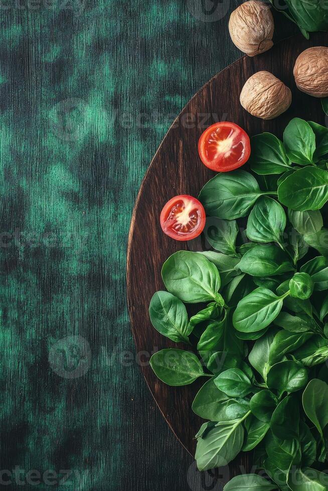 Fresh Basil Leaves with Cherry Tomatoes and Walnuts on a Wooden Board photo