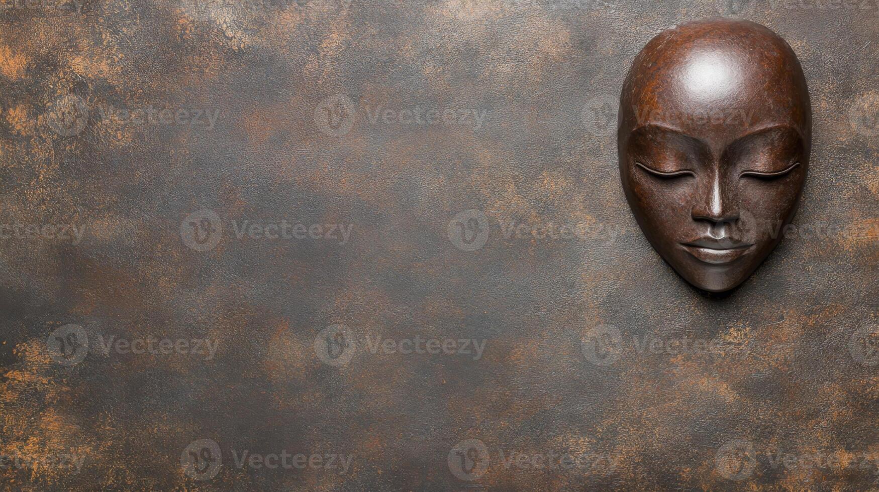 Bronze Mask with Closed Eyes on a Textured Dark Brown Rusted Surface photo