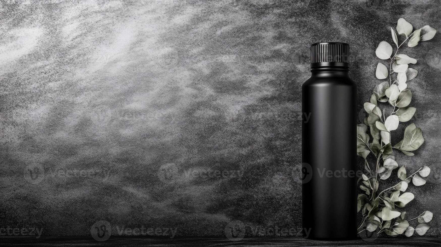Tall Black Cylindrical Bottle with Leaves on a Textured Grayscale Surface photo