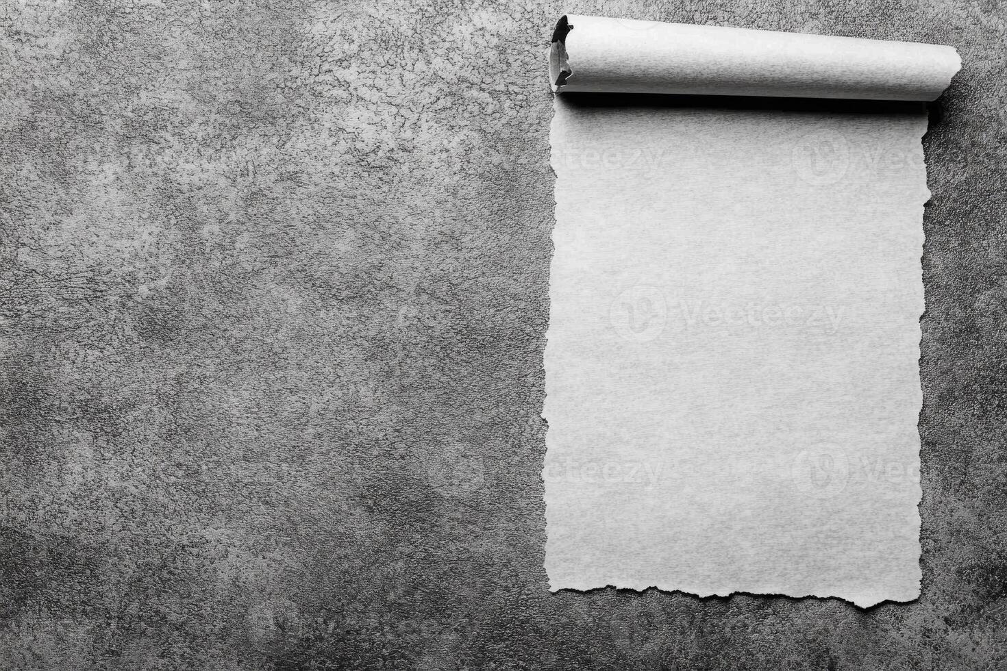 Torn Parchment Scroll on a Textured Dark Gray Surface in Monochrome photo