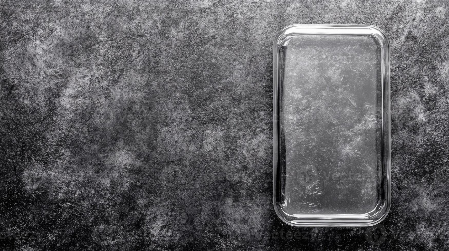 Empty Glass Baking Dish on a Textured Gray Surface in Monochrome photo