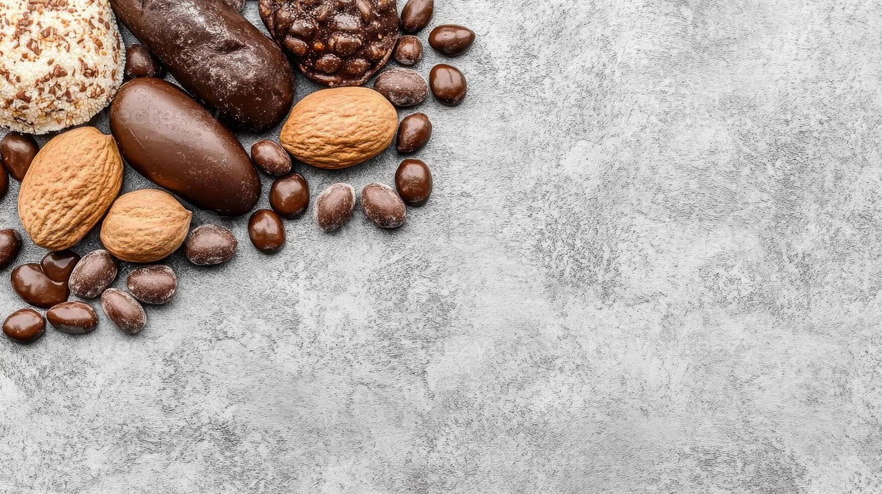 Assorted Chocolates and Almonds on a Textured Gray Surface photo