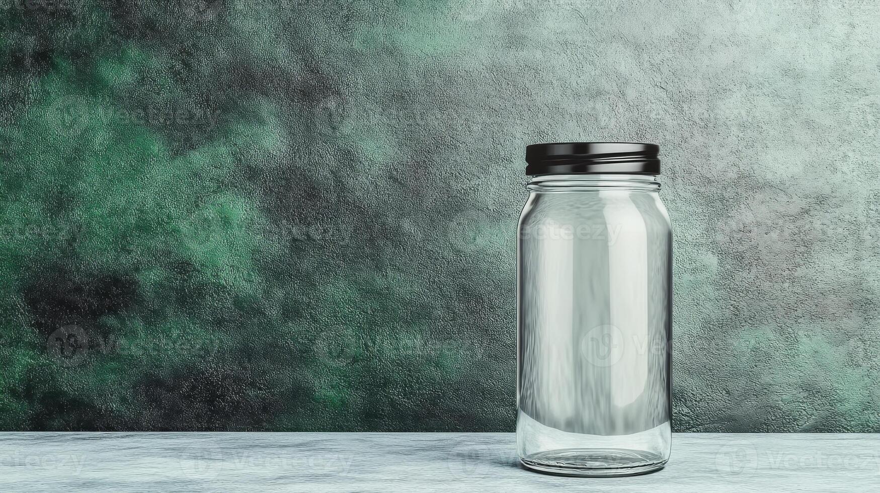 Clear Glass Jar with Black Lid on a Smooth Surface Against a Teal Backdrop photo