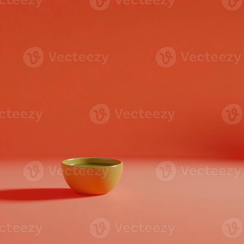 Small yellow bowl with green liquid casting shadow on vibrant orange surface photo
