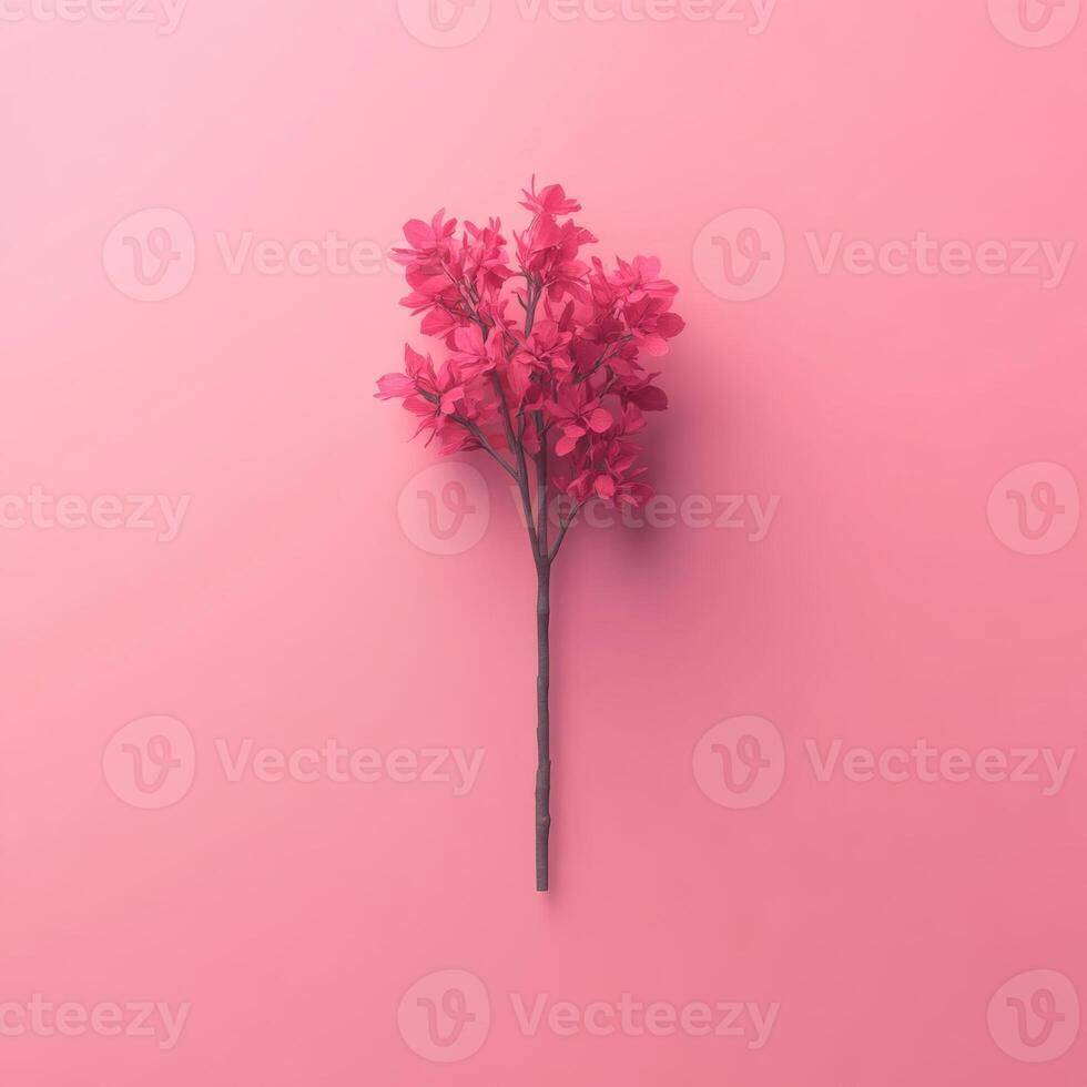 Minimalist Pink Flowering Tree Branch Isolated on Plain Pink Backdrop photo