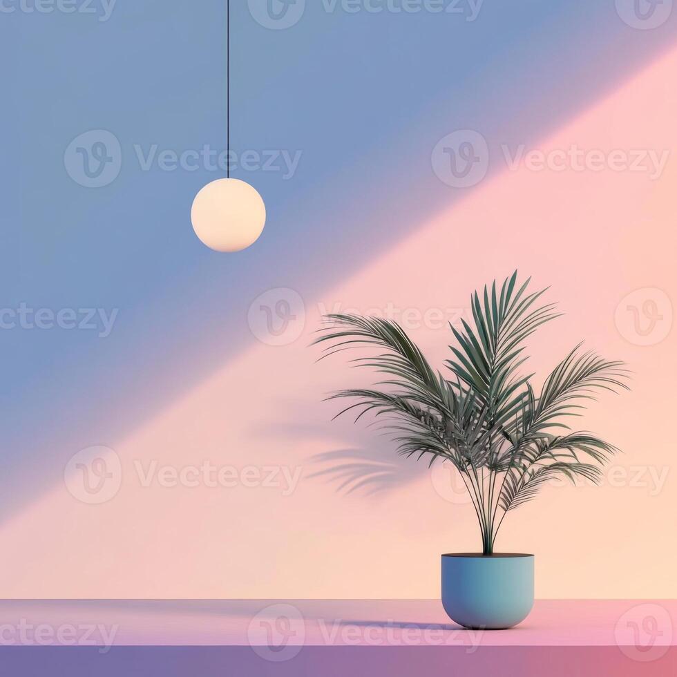 Minimalist Interior Corner with Potted Palm and Hanging Sphere Lamp photo