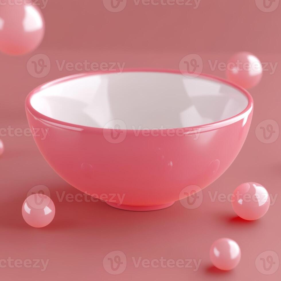 Empty Pink Bowl Surrounded by Glossy Pink Spheres on Matching Surface photo