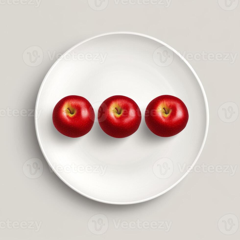 Three Vibrant Red Apples Arranged Neatly on a Simple White Plate photo