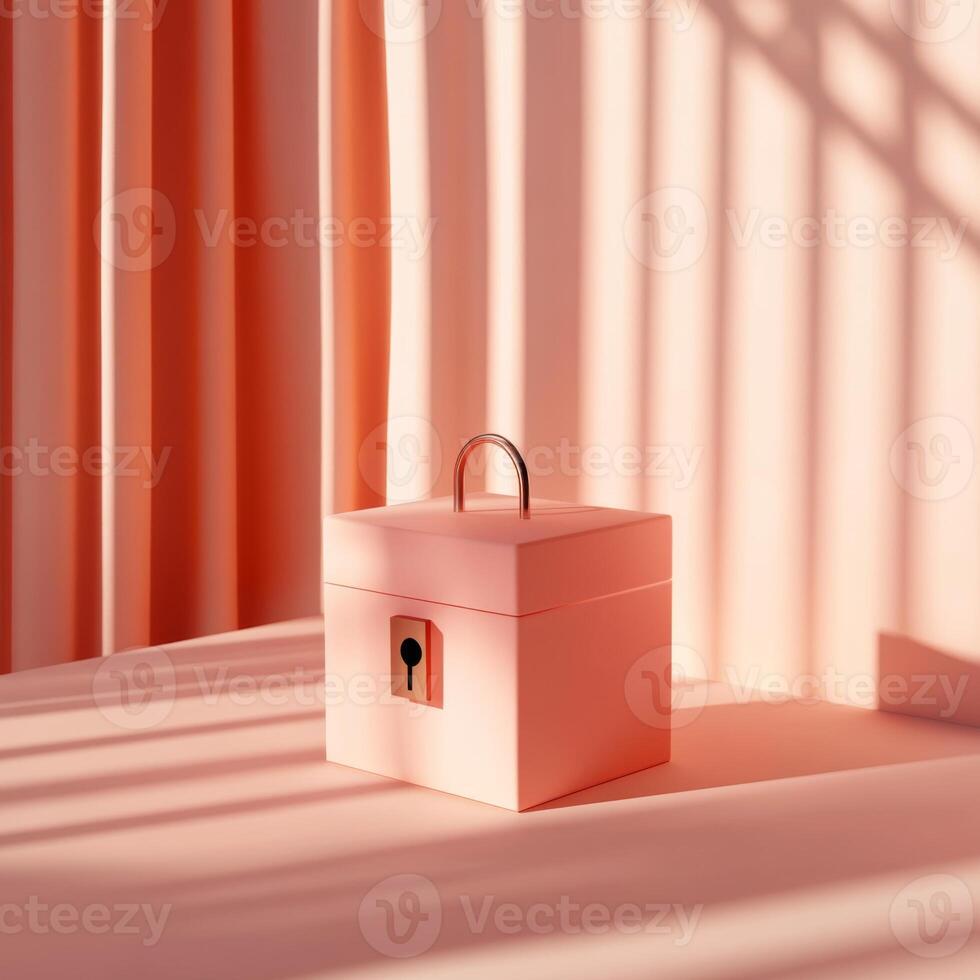 Pink Square Box with Lock and Handle in Soft Light with Striped Shadows photo