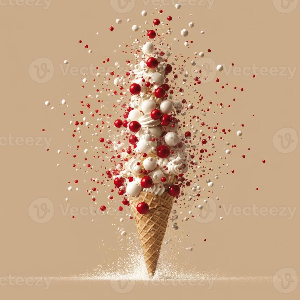 Exploding Ice Cream Cone with Festive Red and White Spheres Bursting photo
