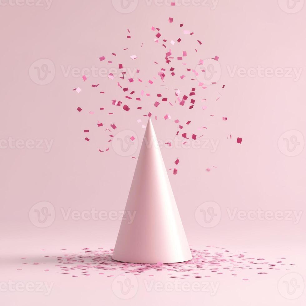 Minimalist Pink Cone Surrounded by Exploding and Falling Pink Confetti Pieces photo