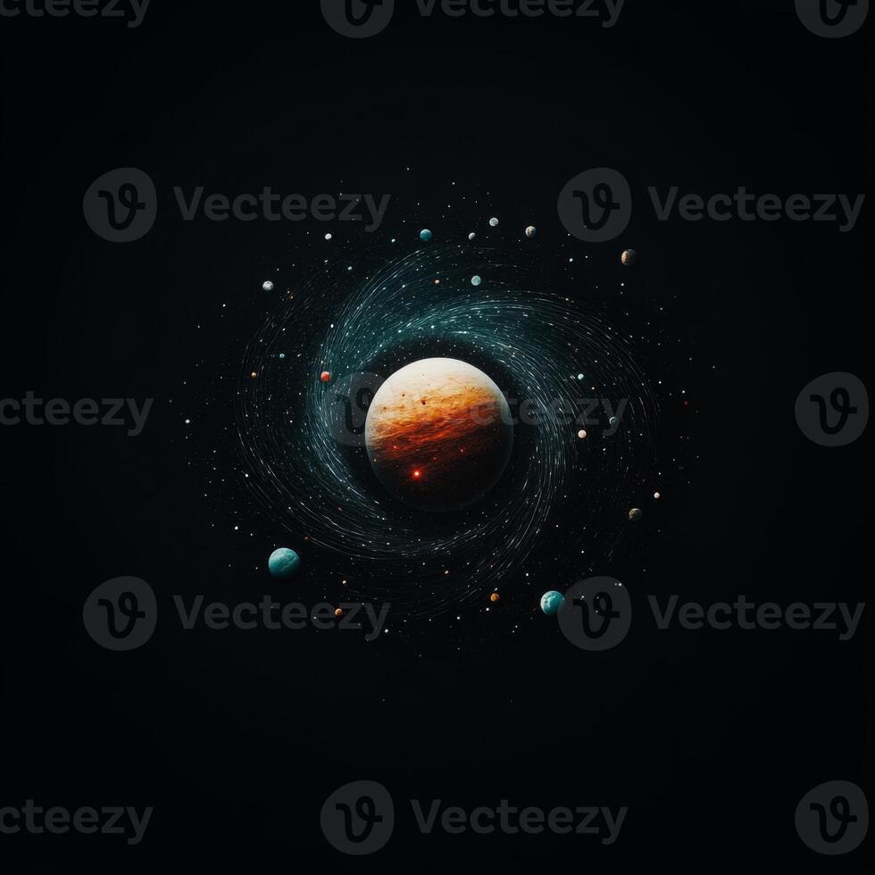 Central Planet Surrounded by Swirling Stars and Smaller Celestial Bodies photo