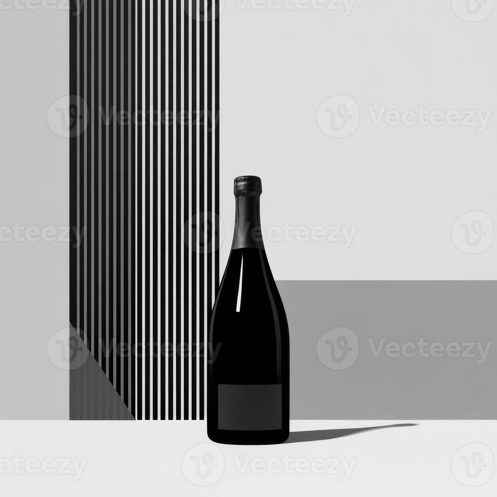 Unlabeled Black Wine Bottle Against Striped Geometric Background Design photo