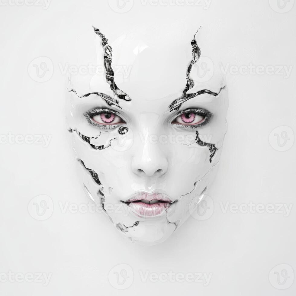 Futuristic White Mask with Cracks Revealing Internal Wires, Pink Eyes photo