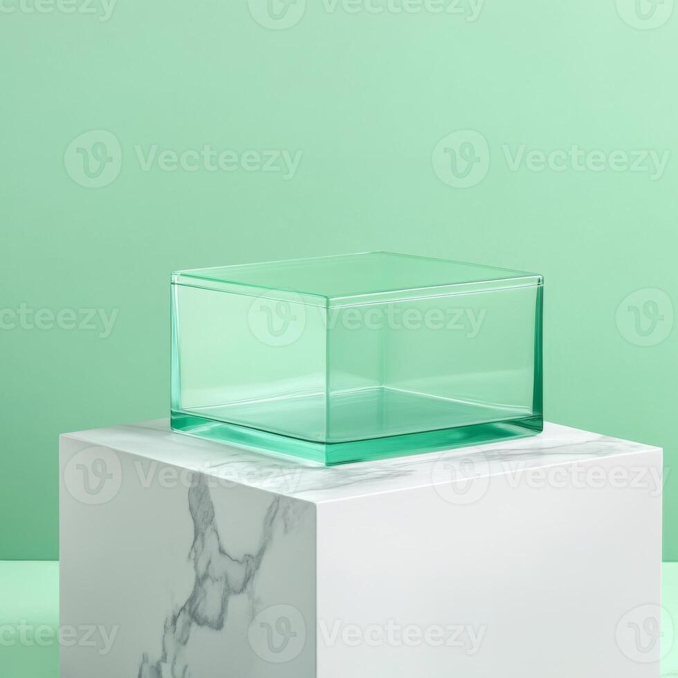 Empty Clear Glass Box Displayed on a White Marble Pedestal Block photo