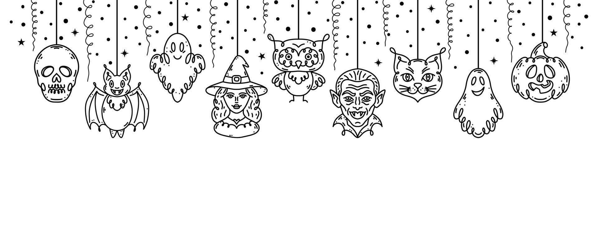 Halloween garland with doodle style characters on white background. vector
