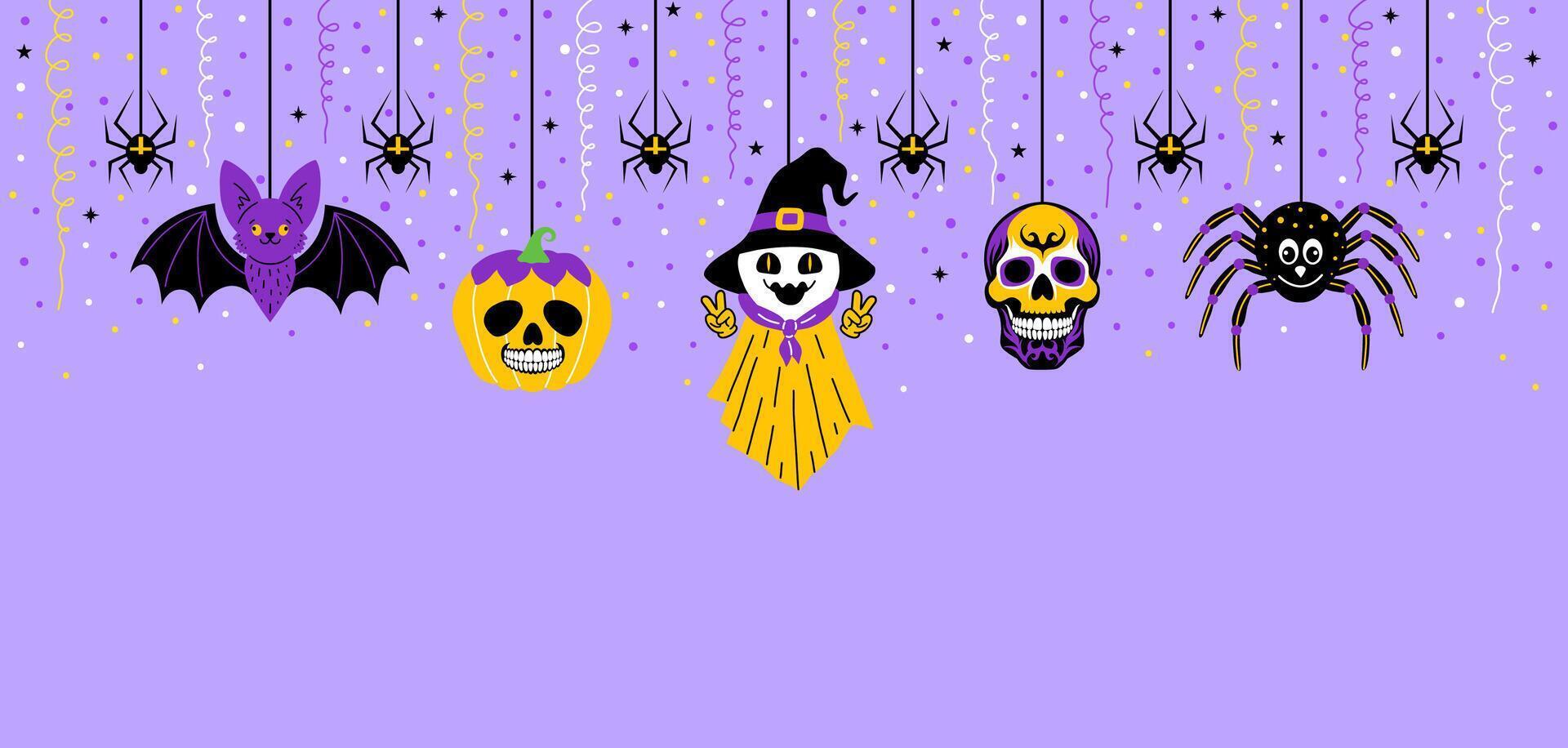 Halloween garland with doodle style characters on violet background. vector