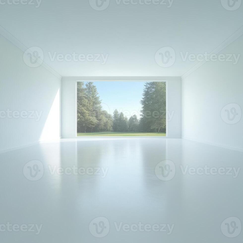 Bright Empty White Room Featuring Large Window with Lush Forest View Outside photo