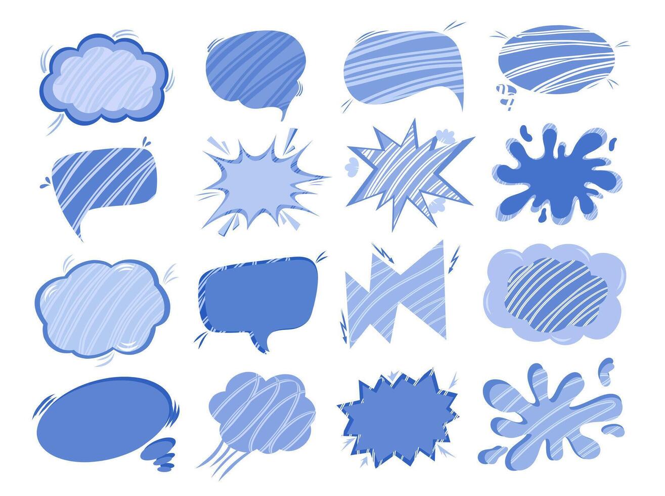 Set of comic speech bubbles without words in Pop art in the style of the 90s in blue colors. Comic-cartoon sound bubble for stickers, postcards, decor vector