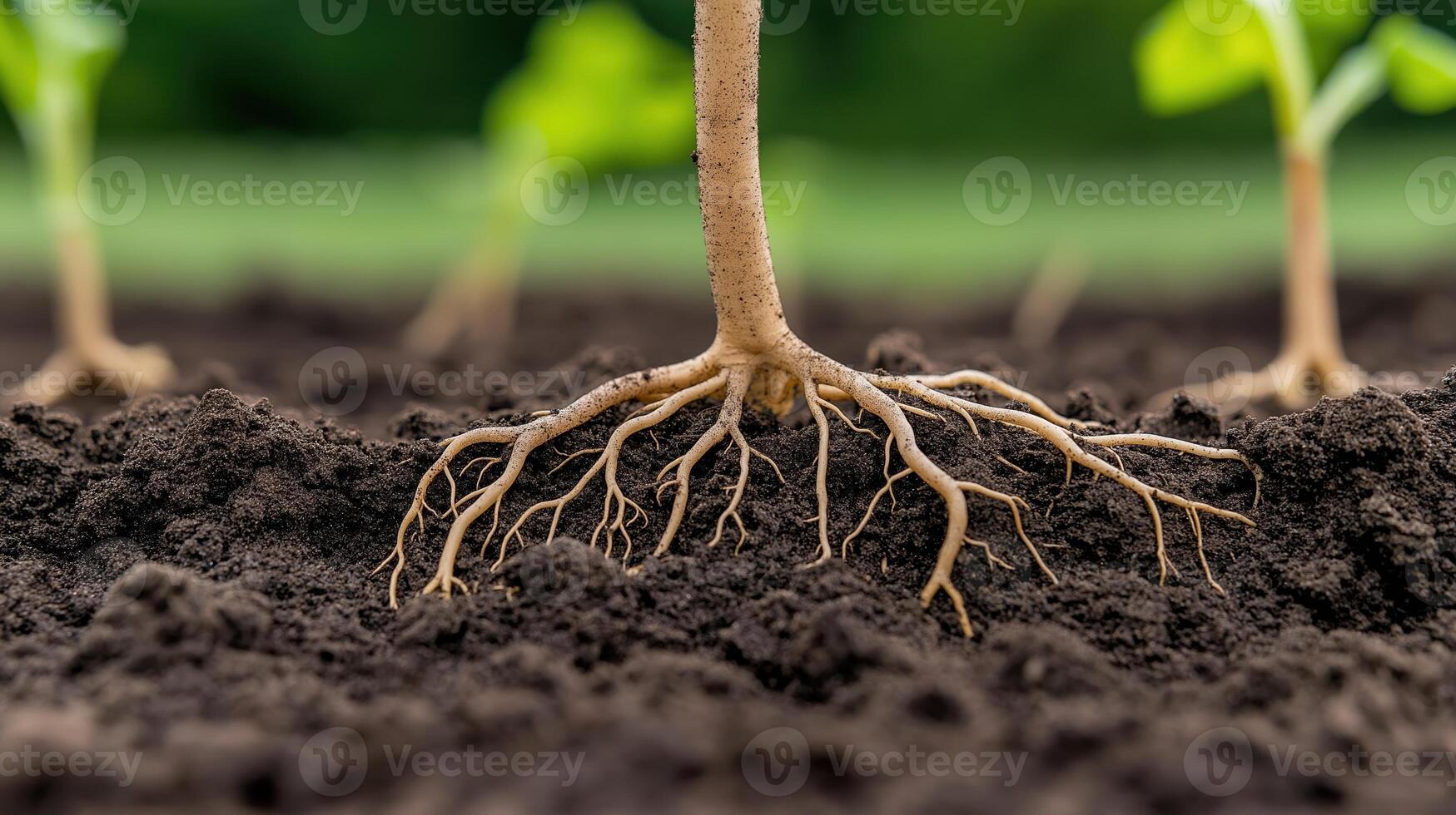 Close-Up of Rich Healthy Soil with Glowing Mycelium Network Beneath Vibrant Plant Roots photo