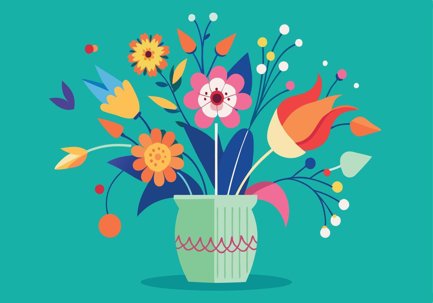 Vibrant Floral Bouquet in Green Vase, Colorful Spring Flowers vector