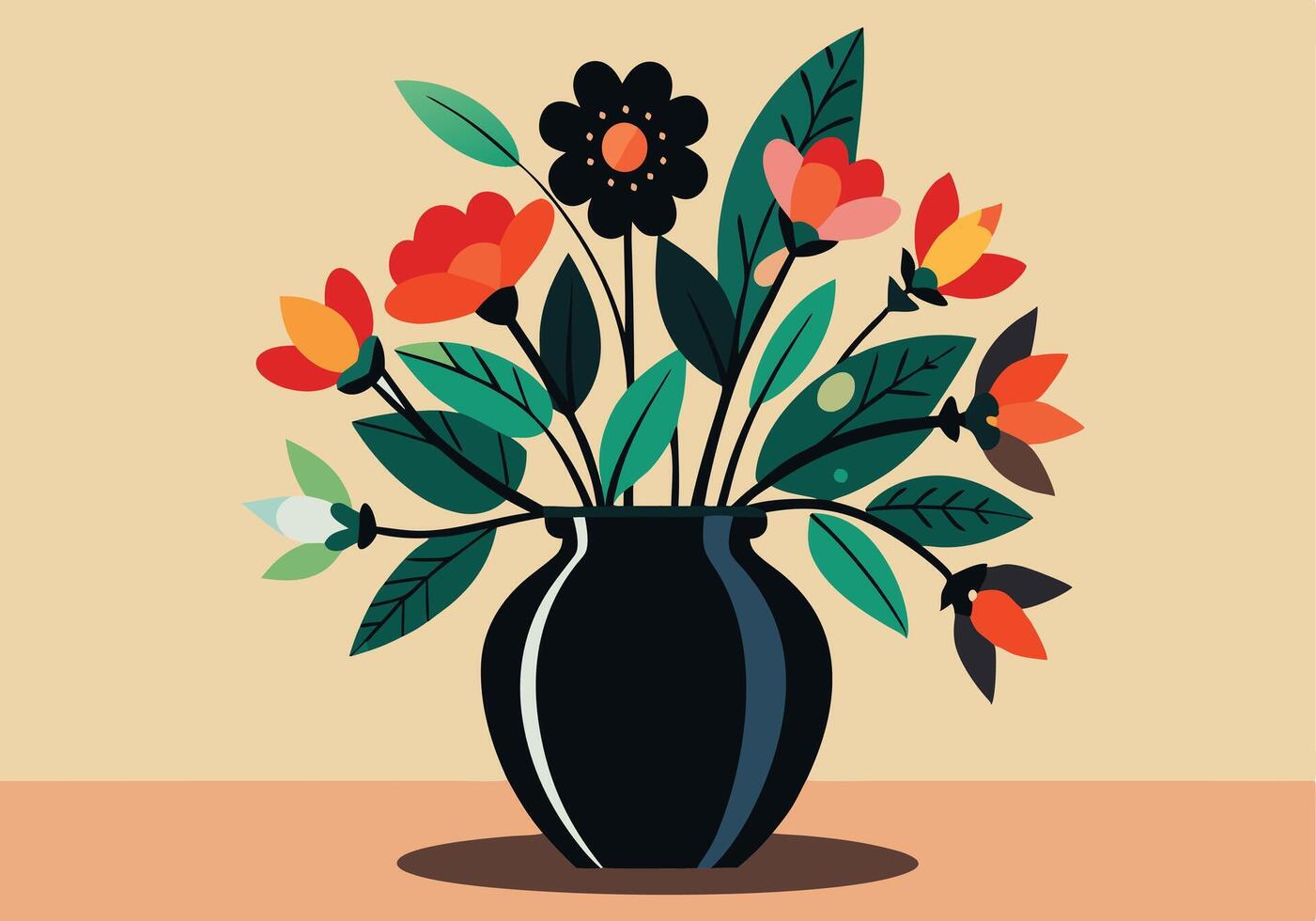 Colorful Flower Bouquet in Dark Vase, Modern Art Still Life vector