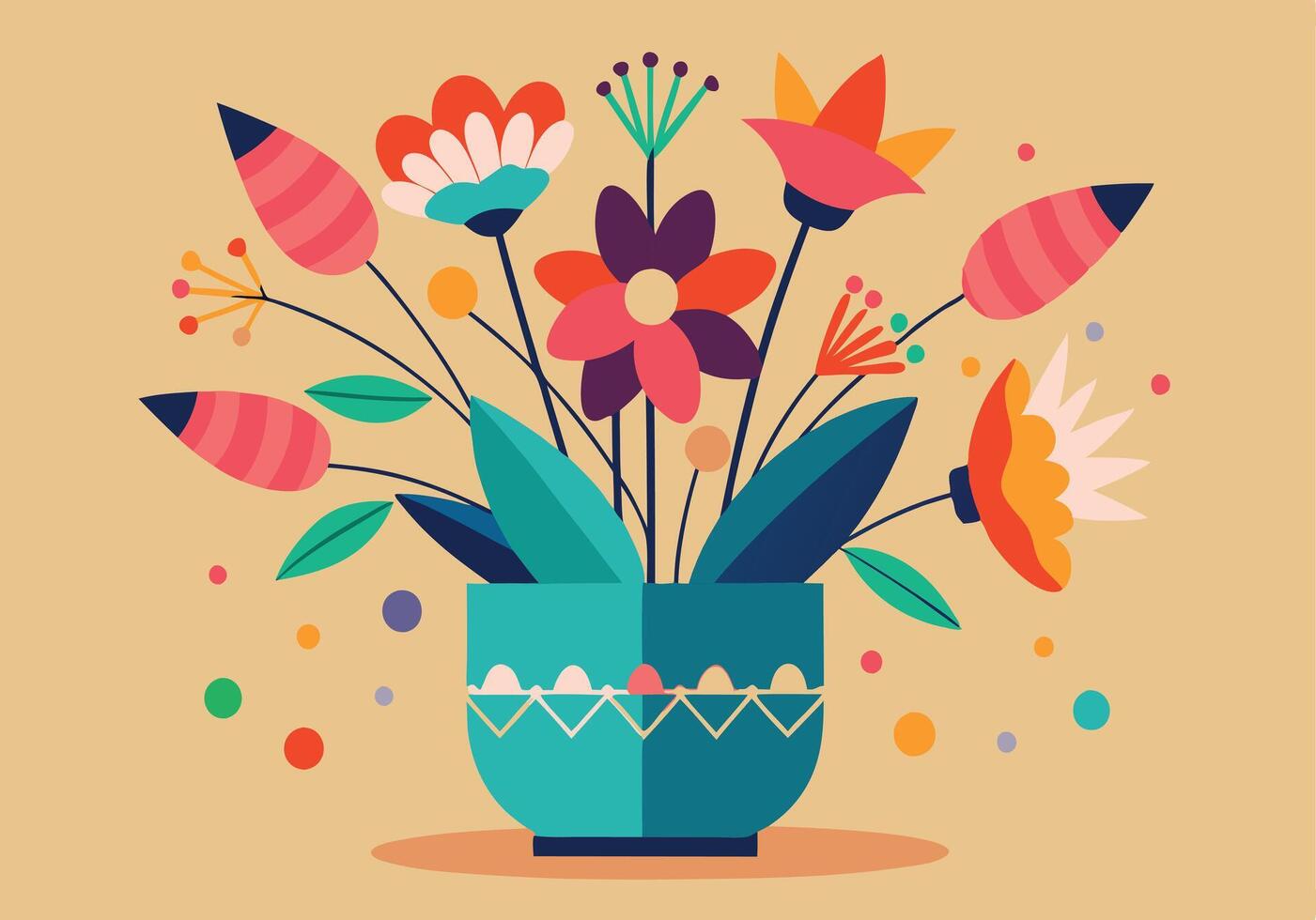 Vibrant Floral Bouquet in Teal Pot, Colorful Flowers, Modern Art vector