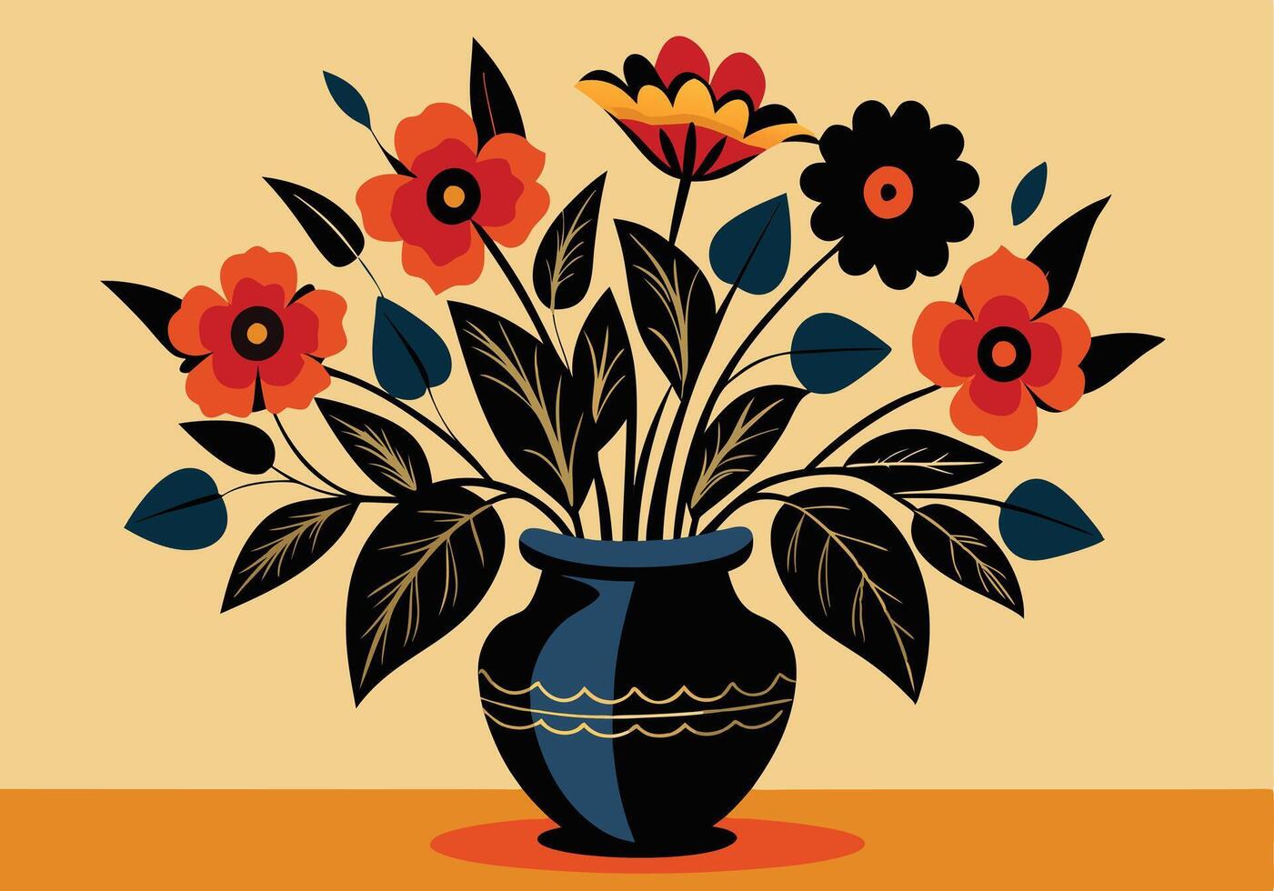 Stylish Floral Still Life Vase, Flowers, Leaves, Art vector