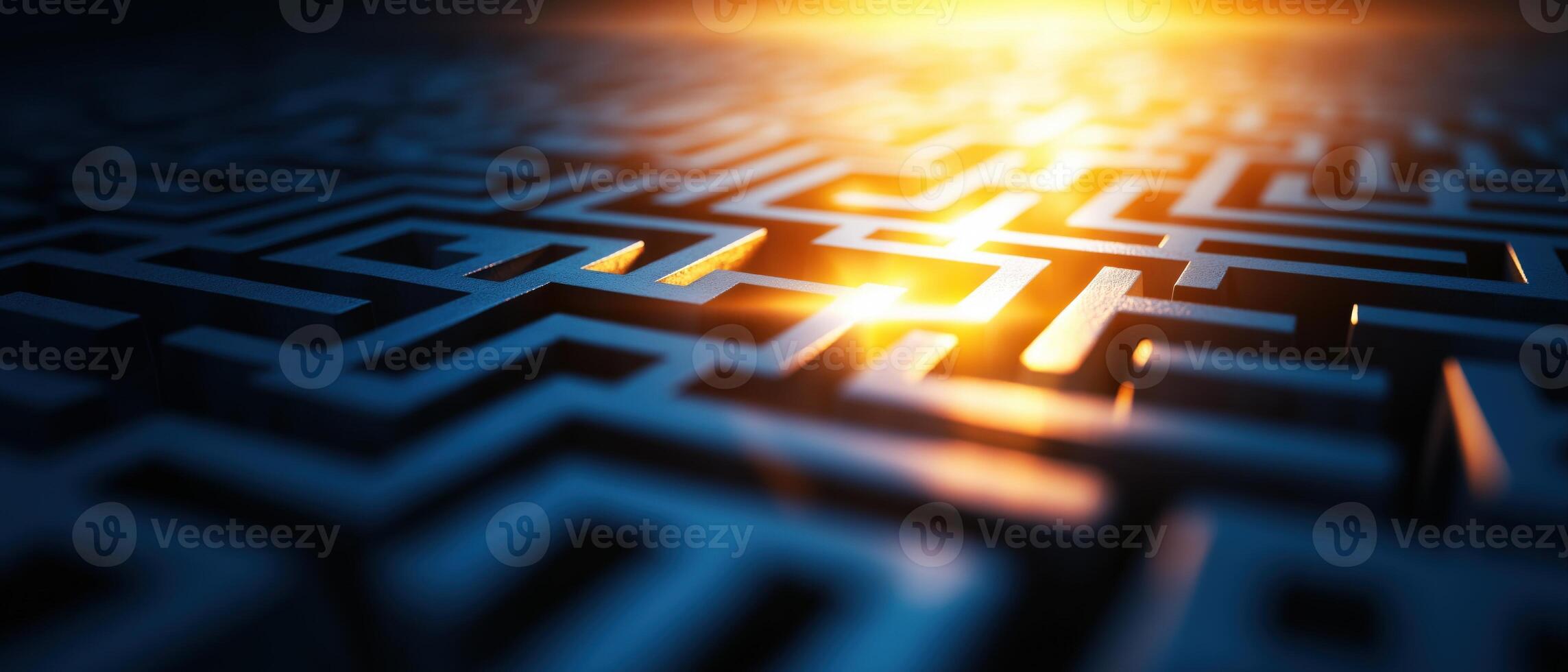 Panoramic View of Maze with Arrows Indicating Clear Escape Path at Twilight photo