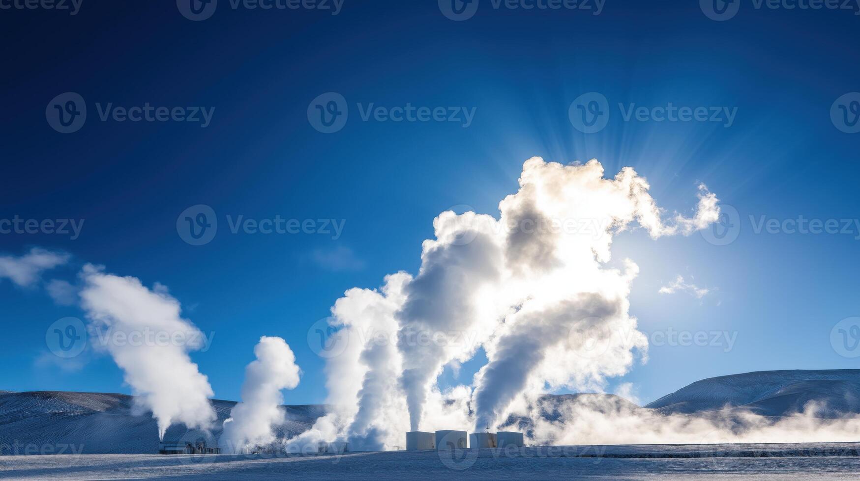 Geothermal Energy Plant in Volcanic Landscape with Steam and Bright Blue Sky photo