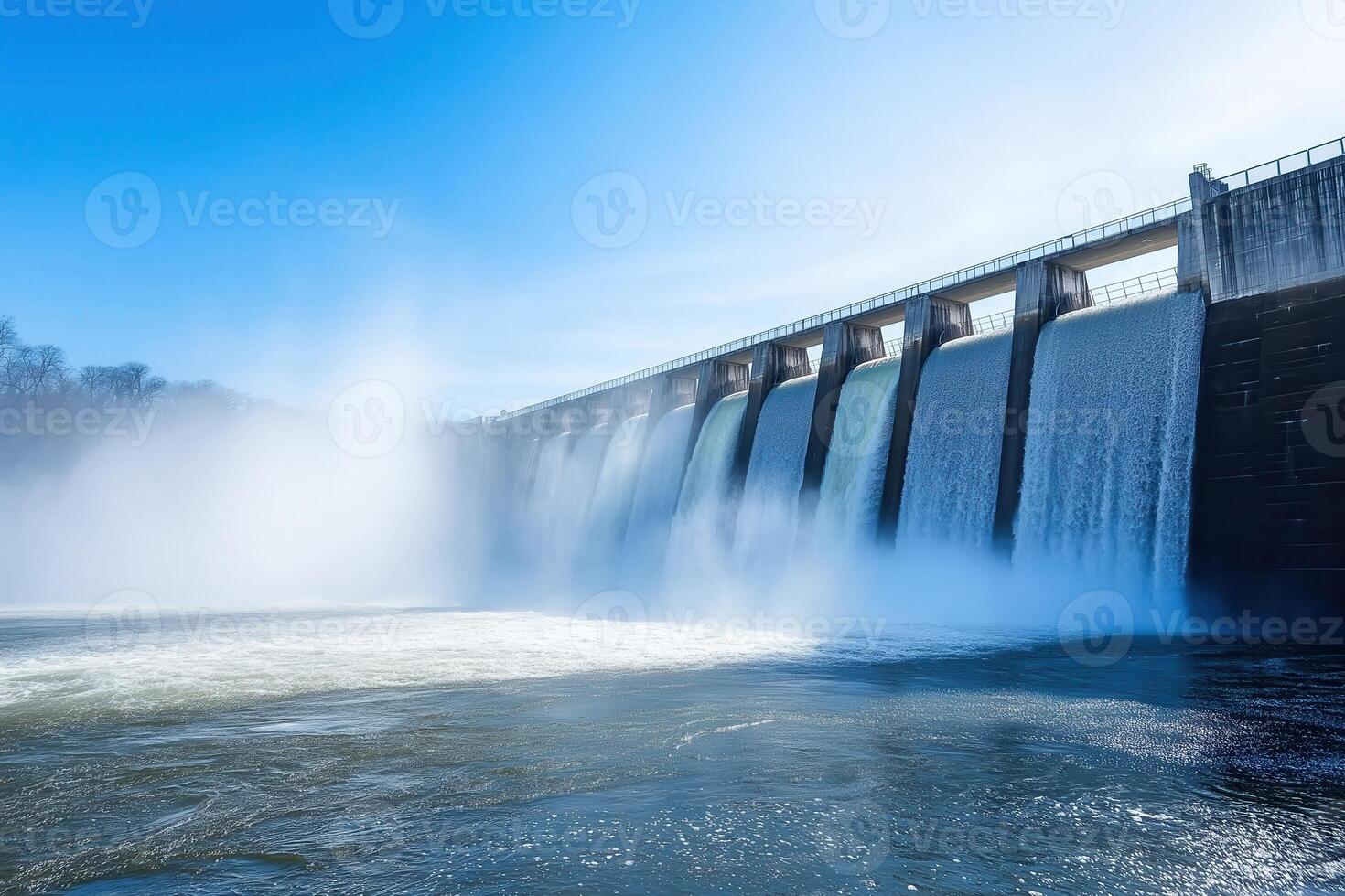 Hydroelectric Dam Generating Clean Energy and Water Flowing in Blue Sky photo