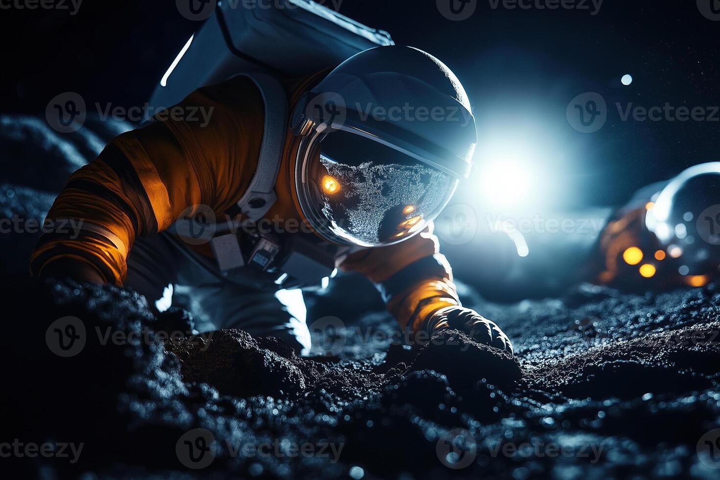 Astronauts Engaged in Mining Activities on an Asteroid for Valuable Natural Resources Amidst Cosmic Landscape photo