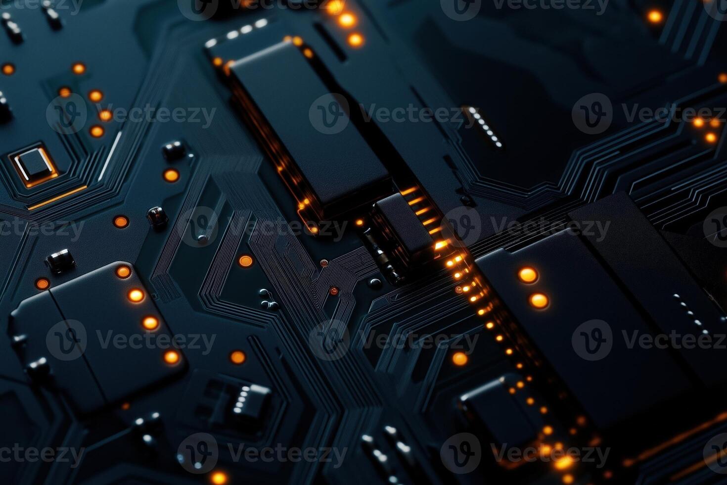 Close-Up of an Intricate Circuit Board with Protective Coating and Illuminated Components photo