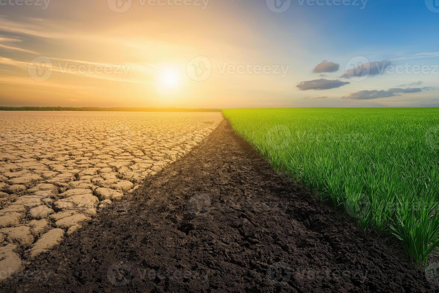 Vivid Landscape Divided in Half with Barren Dry Land on One Side and Lush Green Field on the Other Side photo