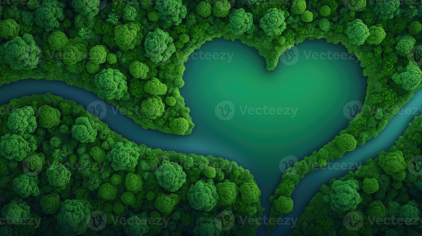 Aerial View of Lush Green Forest with Winding River Forming a Heart Shape in the Natural Landscape photo