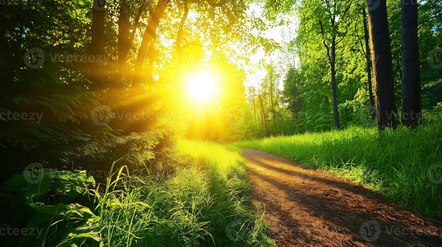 Serene Nature Trail in a Misty Forest at Sunrise with Soft Sunlight Glowing Through the Trees photo