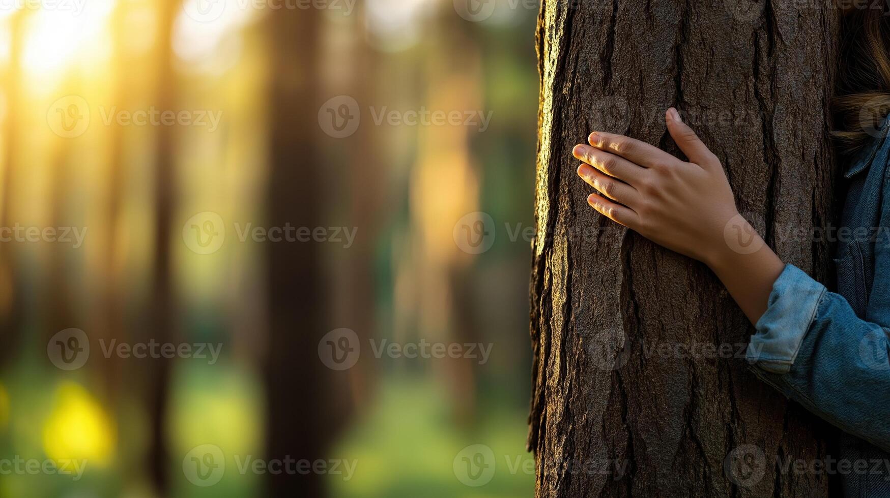 Woman Hugging a Tree in a Forest Embracing Nature for Mindfulness and Inner Peace Experience photo