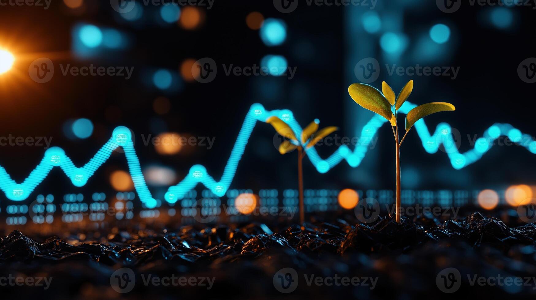 Eco Concept of Growth with Seedlings Against a Backdrop of Data Graphs and Digital Visualization photo